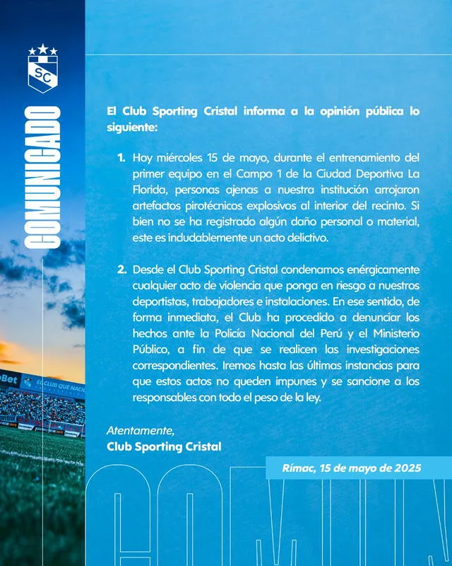 Pronunciamiento oficial del club rimense. Foto: Sporting Cristal Pronunciamiento oficial del club rimense. Foto: Sporting Cristal