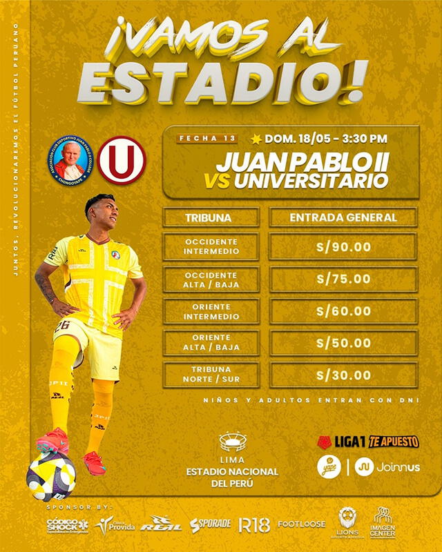 Precios de las entradas para el partido ante Universitario. Foto: Juan Pablo II College Precios de las entradas para el partido ante Universitario. Foto: Juan Pablo II College