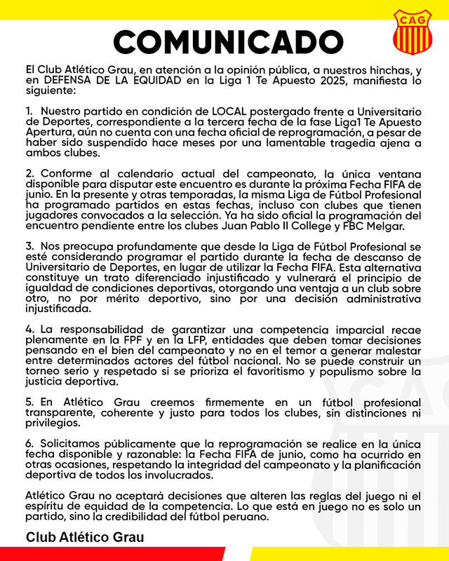  Comunicado de partido pendiente ante Universitario. Foto: Atlético Grau   