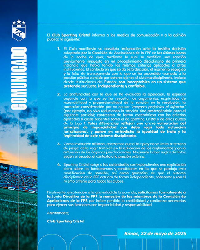 Pronunciamiento oficial del club celeste. Foto: Sporting Cristal Pronunciamiento oficial del club celeste. Foto: Sporting Cristal
