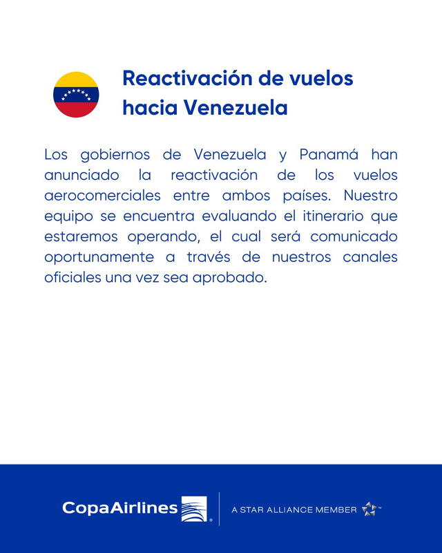 Informe sobre la reanudación de vuelos entre Venezuela y Panamá. Foto: Copa Airlines   