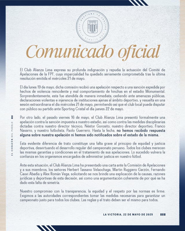 Comunicado del equipo blanquiazul. Foto: Alianza Lima Comunicado del equipo blanquiazul. Foto: Alianza Lima