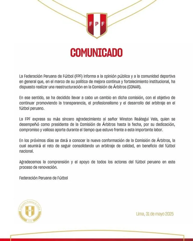 Comunicado de la FPF sobre los cambios en la Conar. Foto: Federación Peruana de Fútbol Comunicado de la FPF sobre los cambios en la Conar. Foto: Federación Peruana de Fútbol