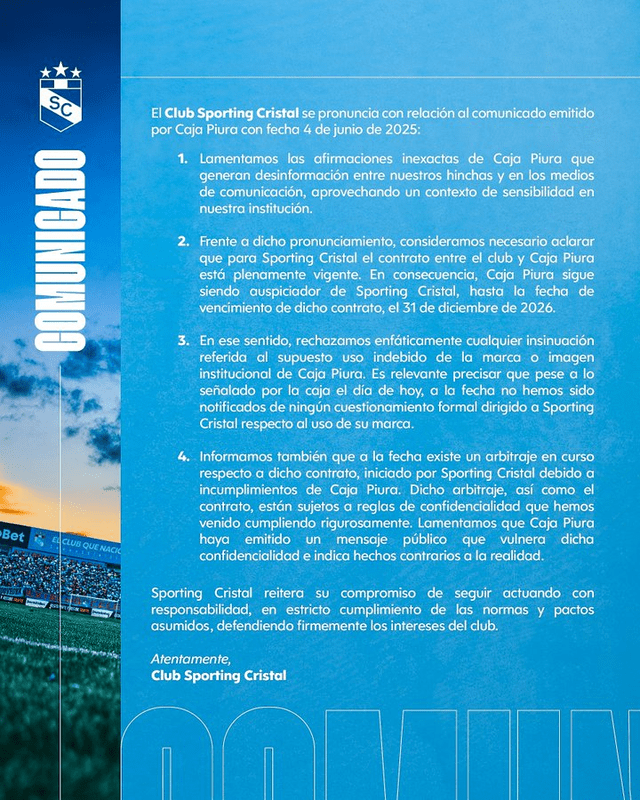 Comunicado de Sporting Cristal. Foto: Sporting Cristal Comunicado de Sporting Cristal. Foto: Sporting Cristal
