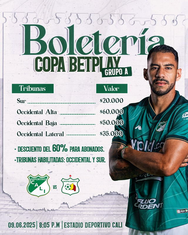 Precio de las entradas al partido contra Quindío. Foto: Deportivo Cali Precio de las entradas al partido contra Quindío. Foto: Deportivo Cali