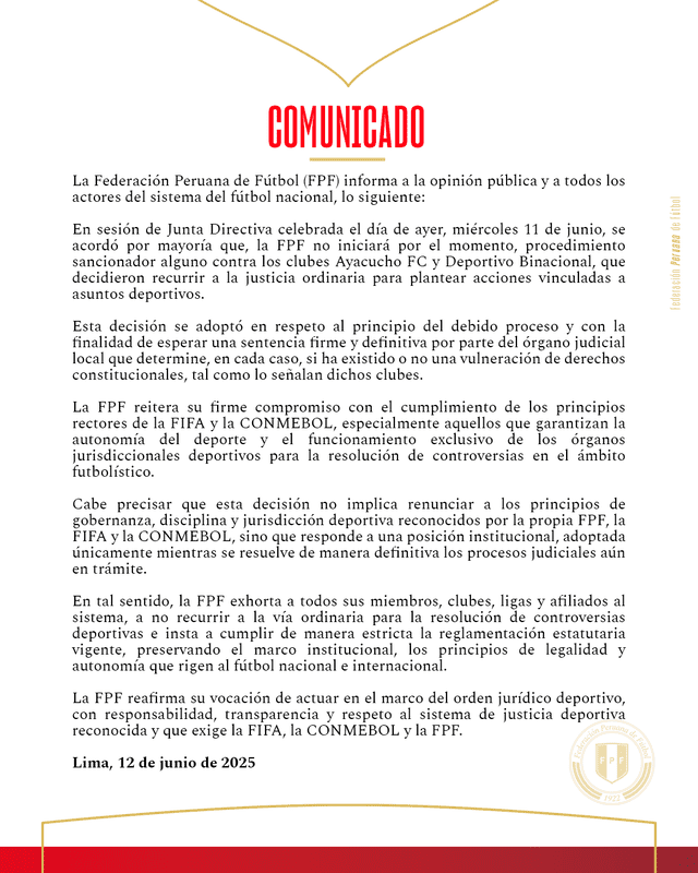 Comunicado de la FPF. Foto: Federación Peruana de Fútbol Comunicado de la FPF. Foto: Federación Peruana de Fútbol