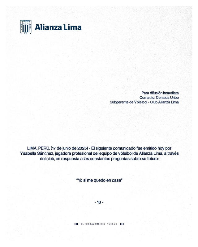 Comunicado de Alianza Lima para confirmar la permanencia de Ysabella Sánchez. Foto: Alianza Lima vóley Comunicado de Alianza Lima para confirmar la permanencia de Ysabella Sánchez. Foto: Alianza Lima vóley