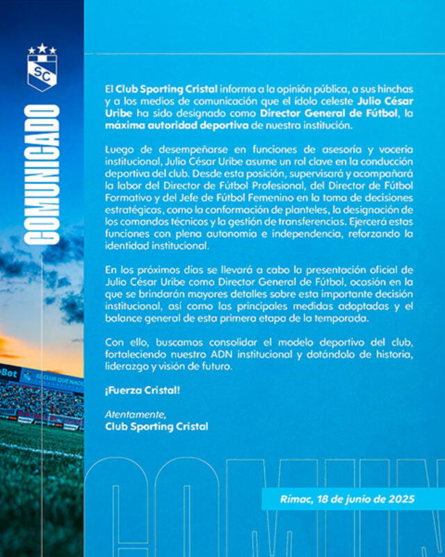 Comunicado de Sporting Cristal sobre el nuevo cargo de Julio César Uribe. Foto: Club Sporting Cristal Comunicado de Sporting Cristal sobre el nuevo cargo de Julio César Uribe. Foto: Club Sporting Cristal