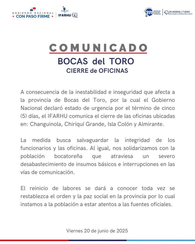 Se han cerrado las oficinas de Bocas del Toro. Foto: Ifarhu   