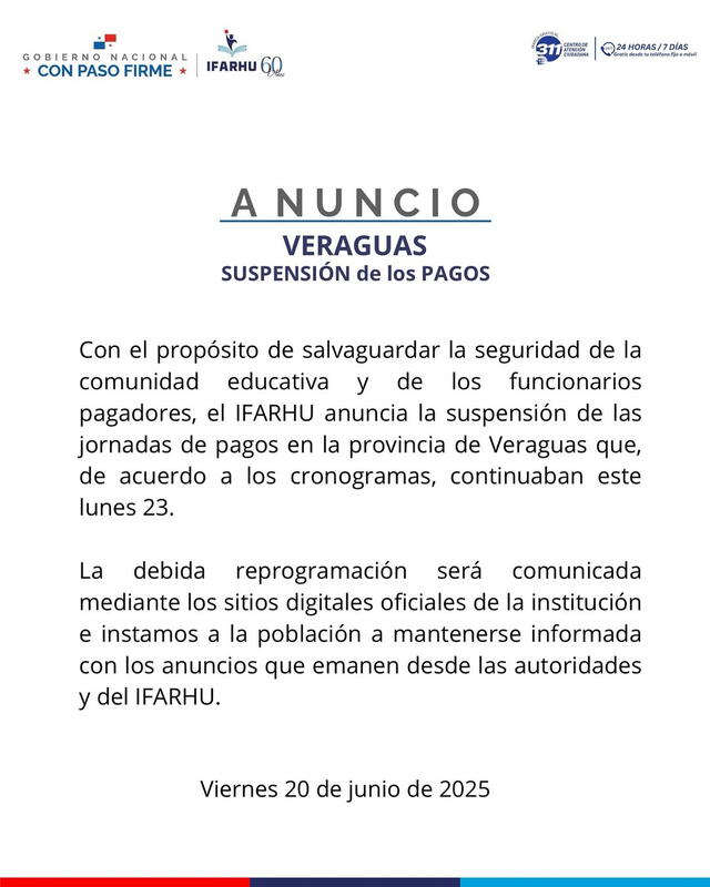 Se suspenden los pagos en Veraguas. Foto: Ifarhu 