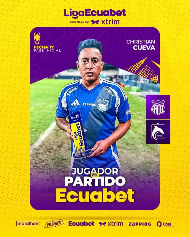 Christian Cueva recibió el premio a mejor jugador apenas en su primer partido con Emelec. Foto: LigaPro/X   