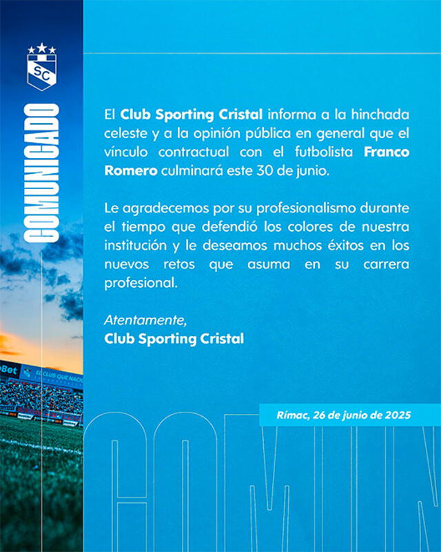 Comunicado oficial del club cervecero. Foto: Sporting Cristal   