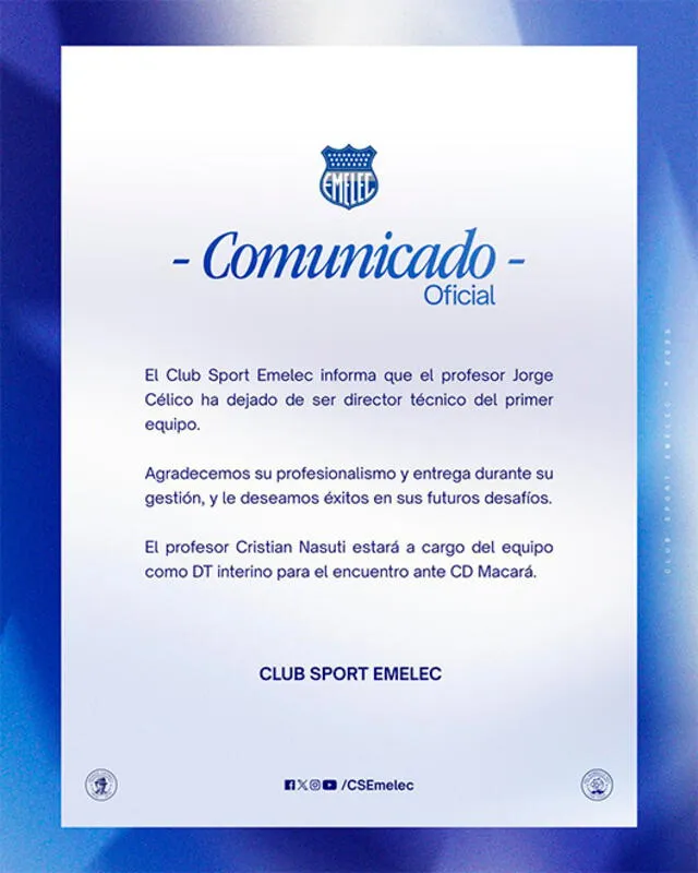  Emelec hizo oficial la salida de Jorge Célico. Foto: Club Sport Emelec 
