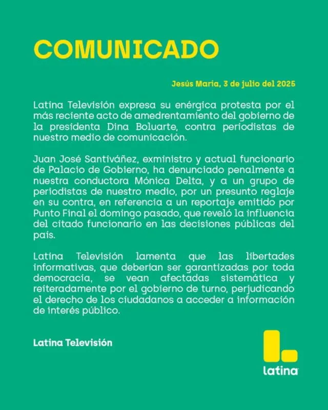 Comunicado de Latina donde informa sobre la denuncia contra sus periodistas. Foto: Latina Comunicado de Latina donde informa sobre la denuncia contra sus periodistas. Foto: Latina