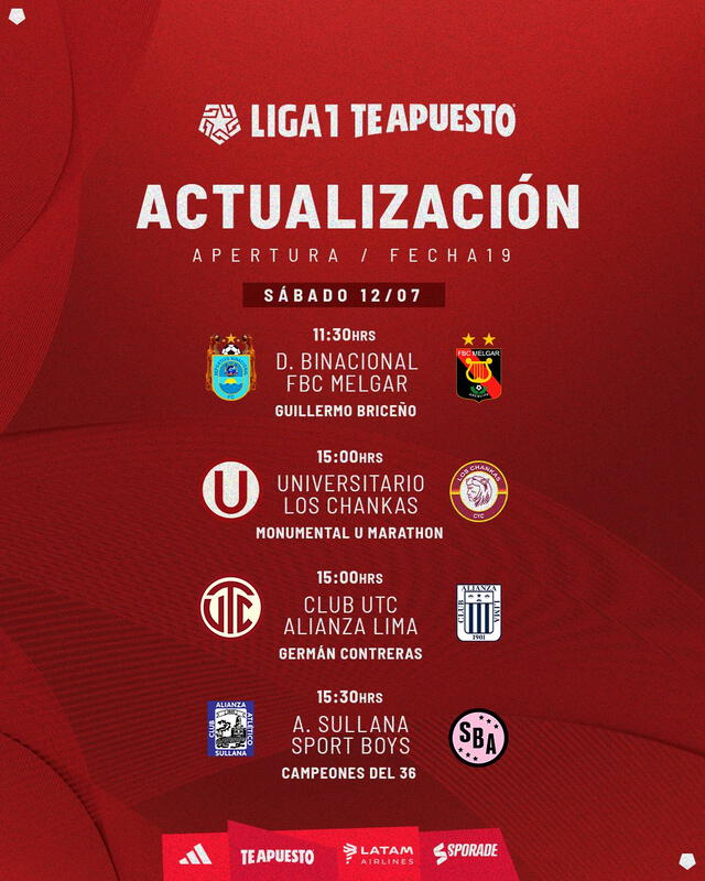 Fixture del sábado 12 de la fecha 19 del Torneo Apertura. Foto: Liga 1 te Apuesto 