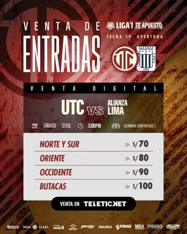 Precios de las entradas para el Alianza Lima vs UTC. Foto: UTC Pagina Oficial   