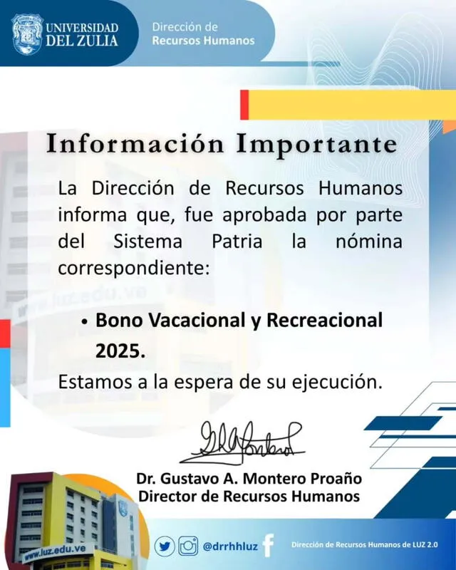 Comunicado de la Universidad del Zulia sobre el bono Vacacional 2025. Foto: Universidad del Zulia Comunicado de la Universidad del Zulia sobre el bono Vacacional 2025. Foto: Universidad del Zulia