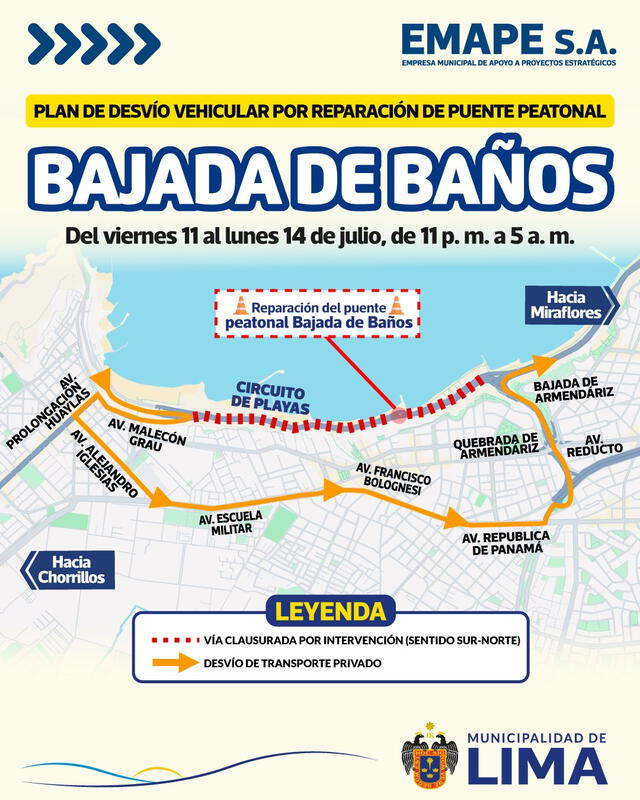 Emape anuncia cierre de tramo de la Costa Verde por mantenimiento de puente en Barranco. Emape anuncia cierre de tramo de la Costa Verde por mantenimiento de puente en Barranco.