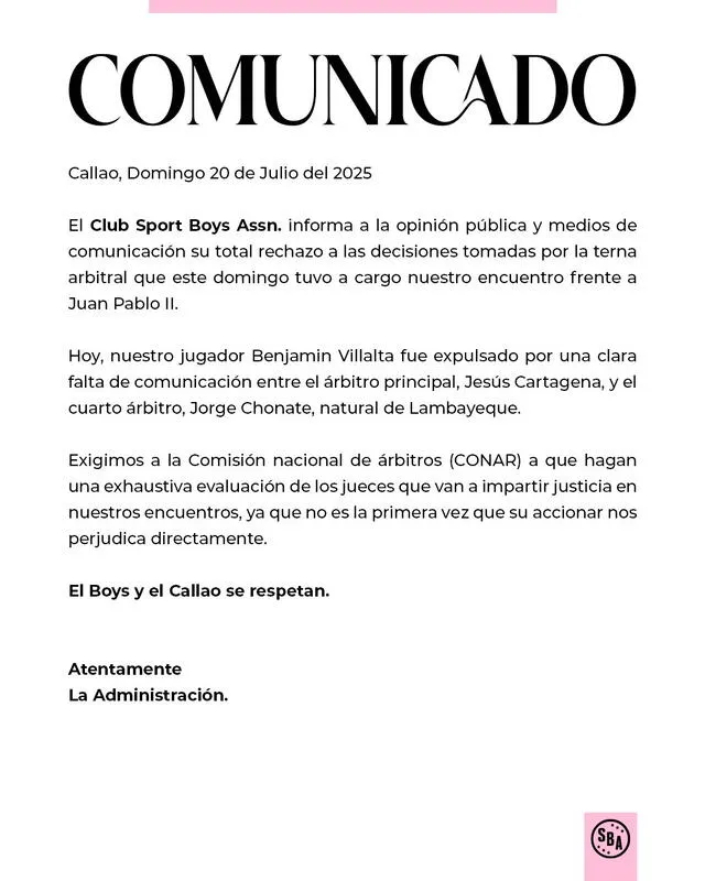 Comunicado oficial de Sport Boys. Foto: vía X   