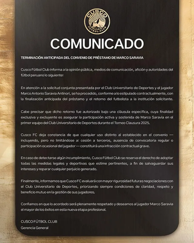 Comunicado de Cusco FC sobre salida de Marco Saravia. Foto: Cusco FC   