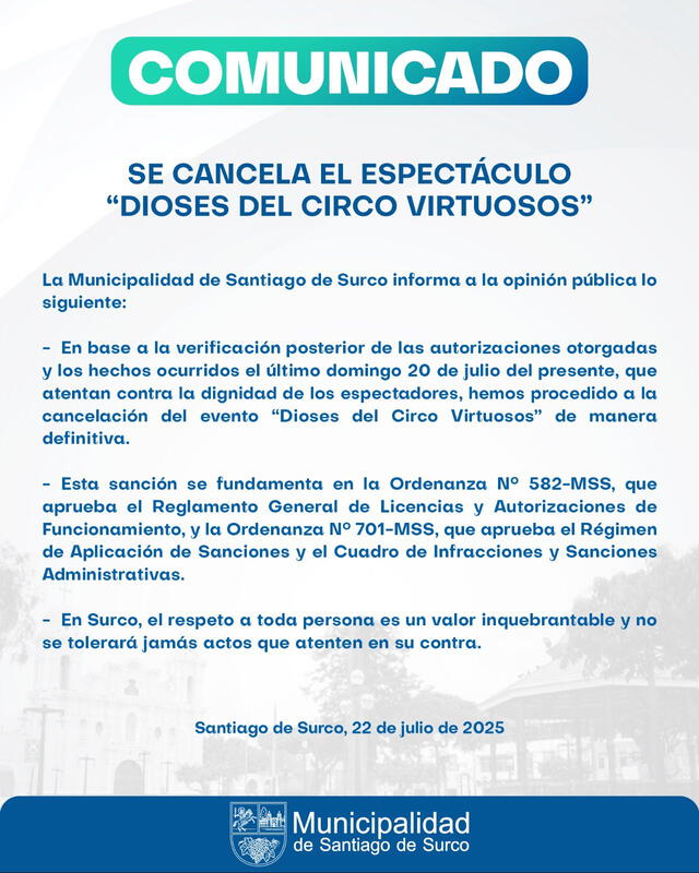 Comunicado de la Municipalidad Santiago de Surco. Foto: difusión   