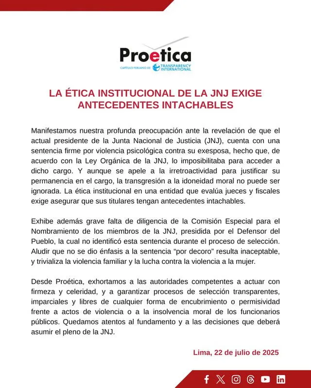 Comunicado de Proética. Foto: Proética   