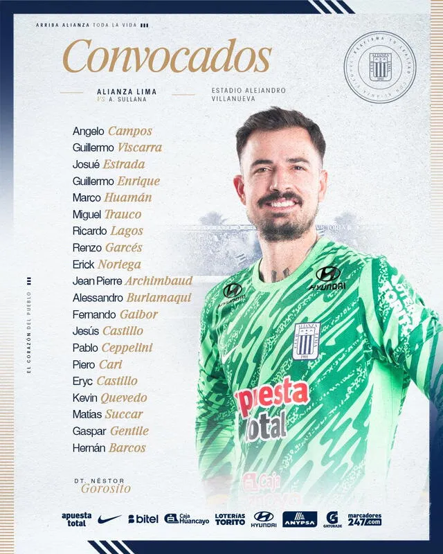 Nómina de Alianza Lima para recibir a Alianza Atlético de Sullana. Foto: Club Alianza Lima   
