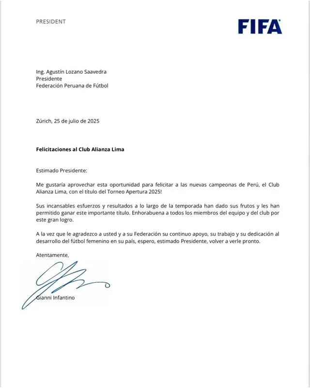 Saludo de la FIFA a Alianza Lima tras ganar el Torneo Apertura de la Liga Femenina. Foto: FIFA Saludo de la FIFA a Alianza Lima tras ganar el Torneo Apertura de la Liga Femenina. Foto: FIFA