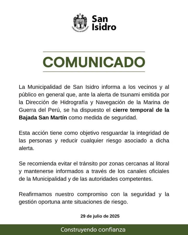 Comunicado tras alerta de tsunami en Perú. Foto: Municipalidad de San Isidro Comunicado tras alerta de tsunami en Perú. Foto: Municipalidad de San Isidro