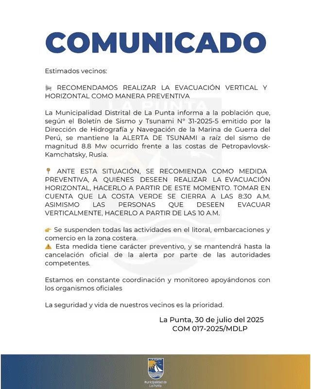 Comunicado tras alerta de tsunami en Perú. Foto: Municipalidad de La Punta Comunicado tras alerta de tsunami en Perú. Foto: Municipalidad de La Punta