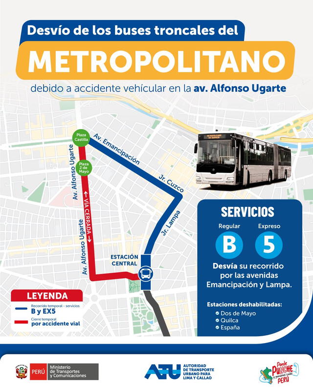 Metropolitano desvía sus servicios temporalmente por accidente de tránsito en Alfonso Ugarte. Metropolitano desvía sus servicios temporalmente por accidente de tránsito en Alfonso Ugarte.