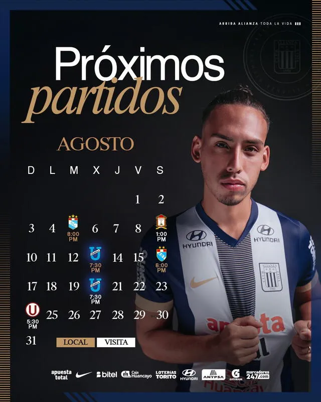 Calendario de Alianza Lima para el mes de agosto. Foto: Club Alianza Lima   