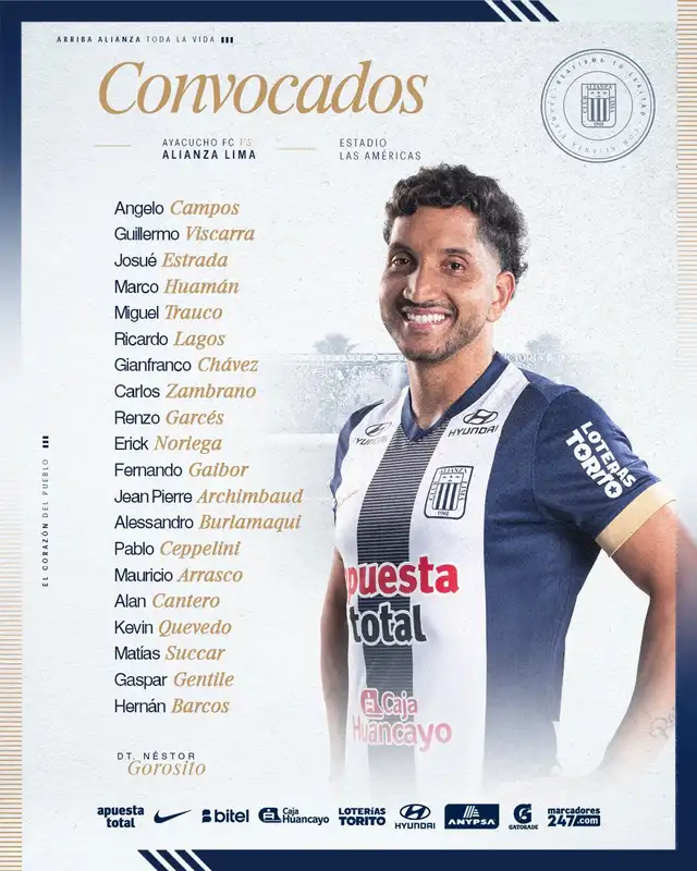 Lista de convocados de Alianza Lima para enfrentar a Ayacucho FC. Foto: Club Alianza Lima   