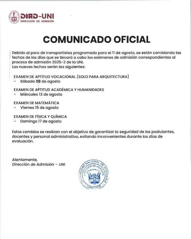 Comunicado oficial de la Dirección de Admisión UNI. Foto: DIAD-UNI   
