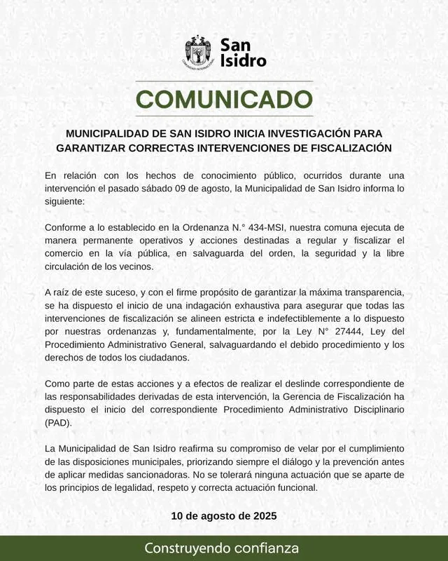  Pronunciamiento oficial de la Municipalidad de San Isidro. Municipalidad de San Isidro   