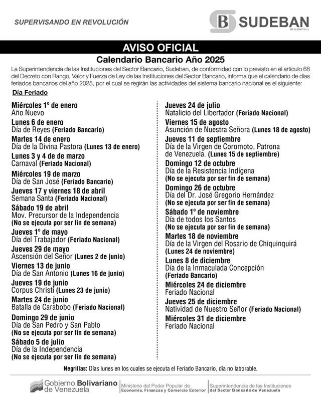  Estos son los feriados bancarios en Venezuela para este 2025. Foto: Sudeban   