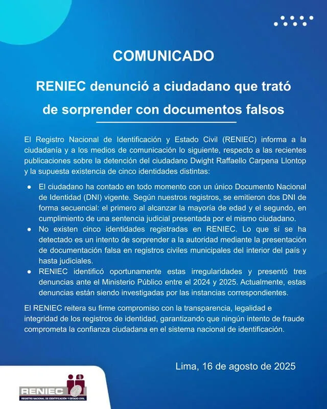  Pronunciamiento de Reniec sobre 'El Mil Nombres'. Foto: Reniec   