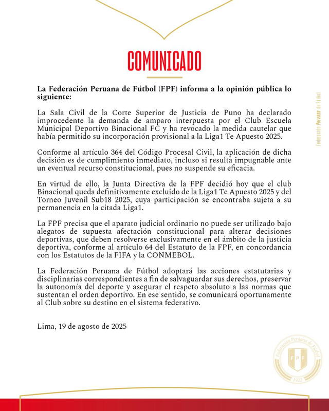 Comunicado de la FPF   