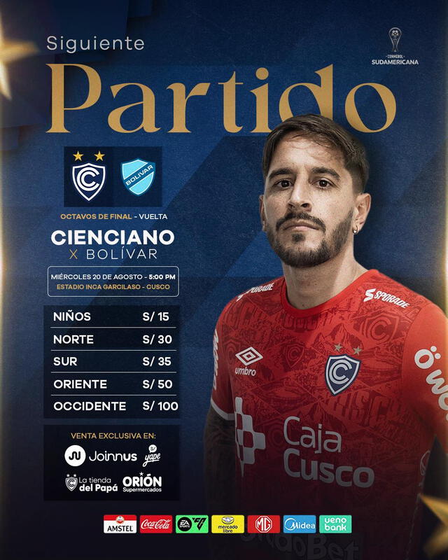 Precio de las entradas al partido ante Bolívar. Foto: Cienciano 