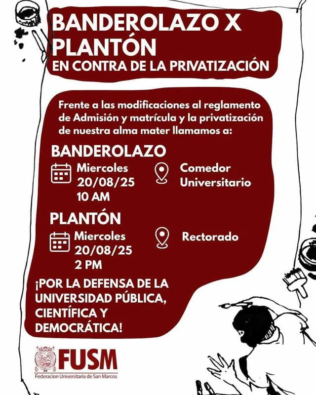 FUSM convoca movilziaciones estudiantiles y denuncian posible privatización de la educación en San Marcos Foto: FUSM FUSM convoca movilziaciones estudiantiles y denuncian posible privatización de la educación en San Marcos Foto: FUSM