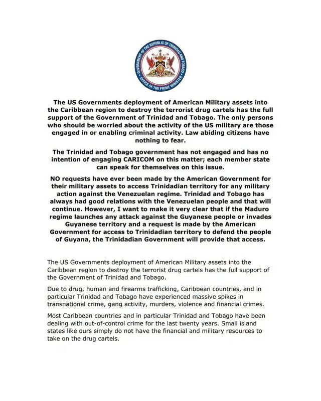  Este es el comunicado del gobierno de Trinidad y Tobago, confirmando su apoyo a EE.UU. si lo solicitan. Foto: X / Twitter.    