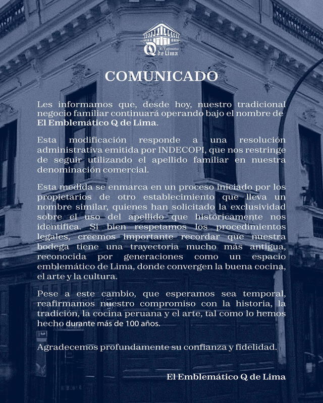 Comunicado del exBar Queirolo, hoy El Emblemático Q Comunicado del exBar Queirolo, hoy El Emblemático Q