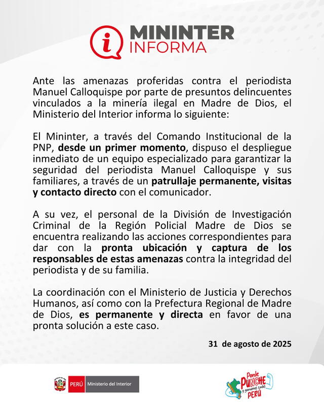 Comunicado Mininter. Foto: Mininter   