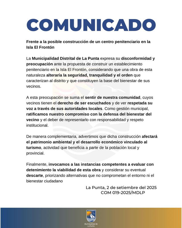  Comunicado de la Municipalidad de La Punta. Foto: Difusión   