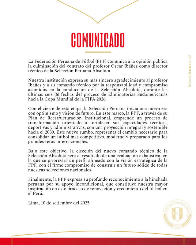 Comunicado de la FPF sobre la salida de Óscar Ibáñez. Foto: Federación Peruana de Fútbol   