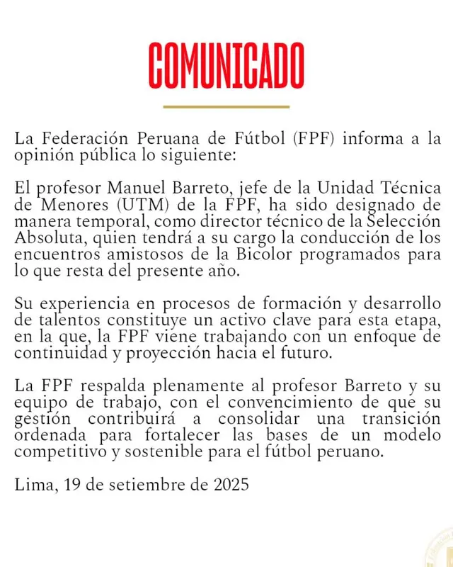 Comunicado de la FPF sobre Manuel Barreto. Foto: FPF 