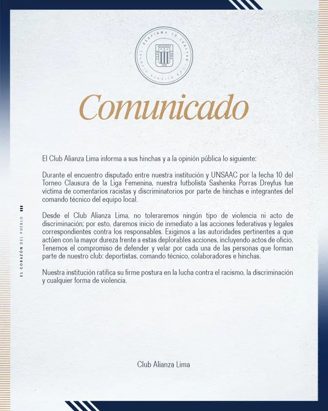 Comunicado de Alianza Lima femenino sobre lo sucedido con Sashenka Porras. Foto: Alianza Lima Femenino 