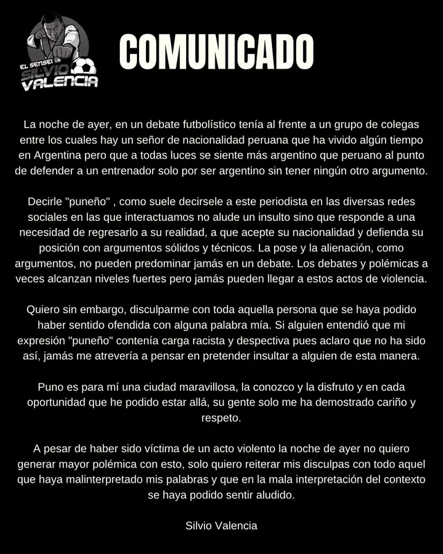 Comunicado de Silvio Valencia. Foto: X.    