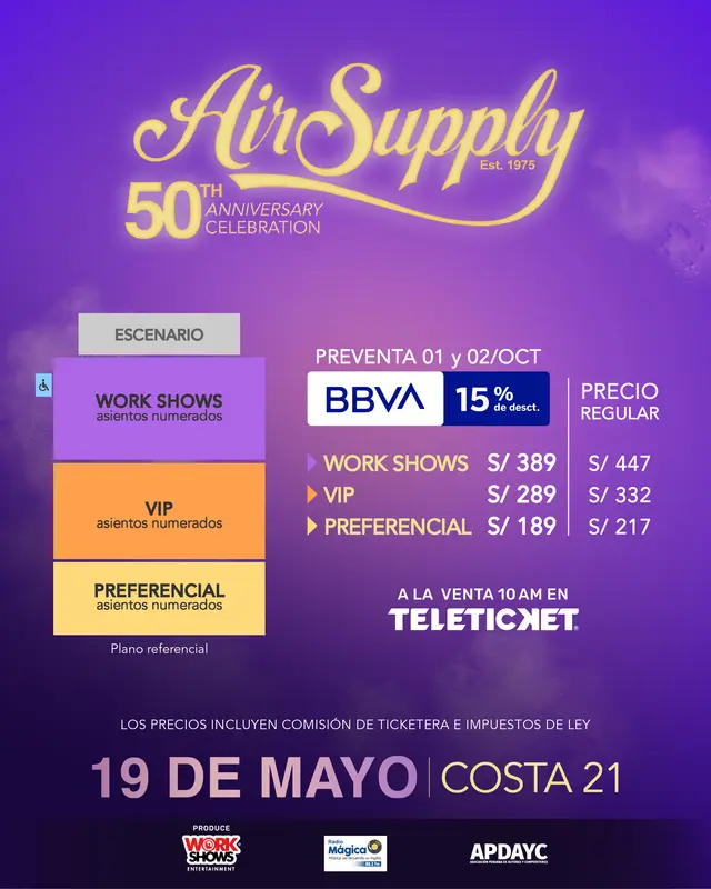 Entradas para el show de Air Supply en Lima 2026. Foto: difusión.   