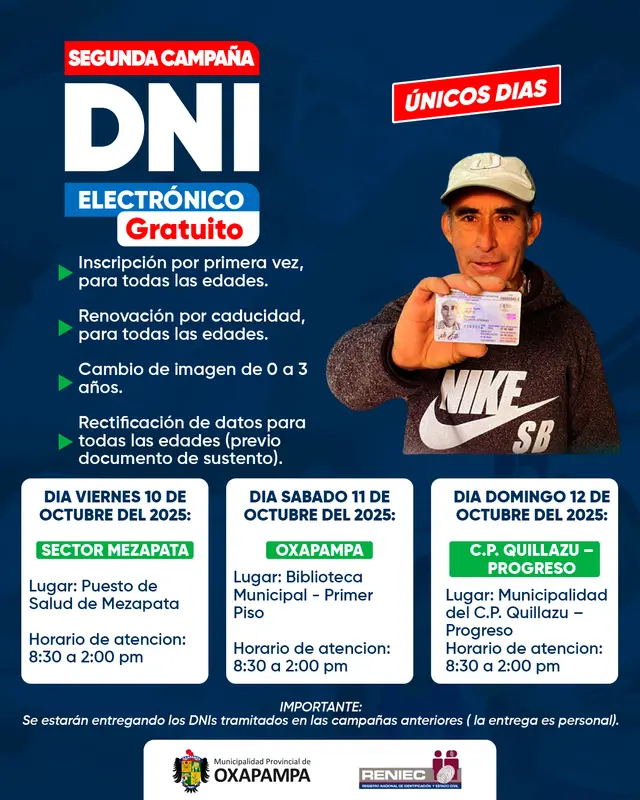 DNI electrónico gratis en Oxapampa. Foto: Municipalidad de Oxapampa/Facebook   